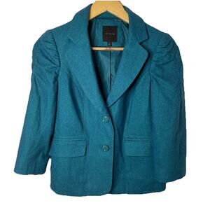 The Limited Women Teal Blue Green 3/4 Ruched Sleeve Wool Blend Blazer Jacket XS